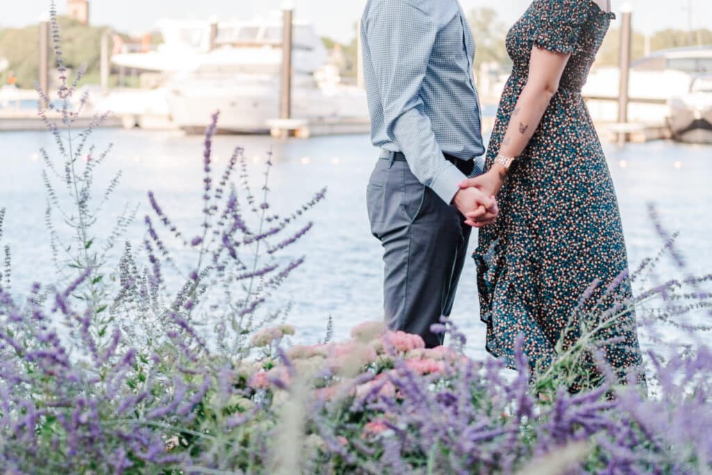 couple stands at newport harbor island resort